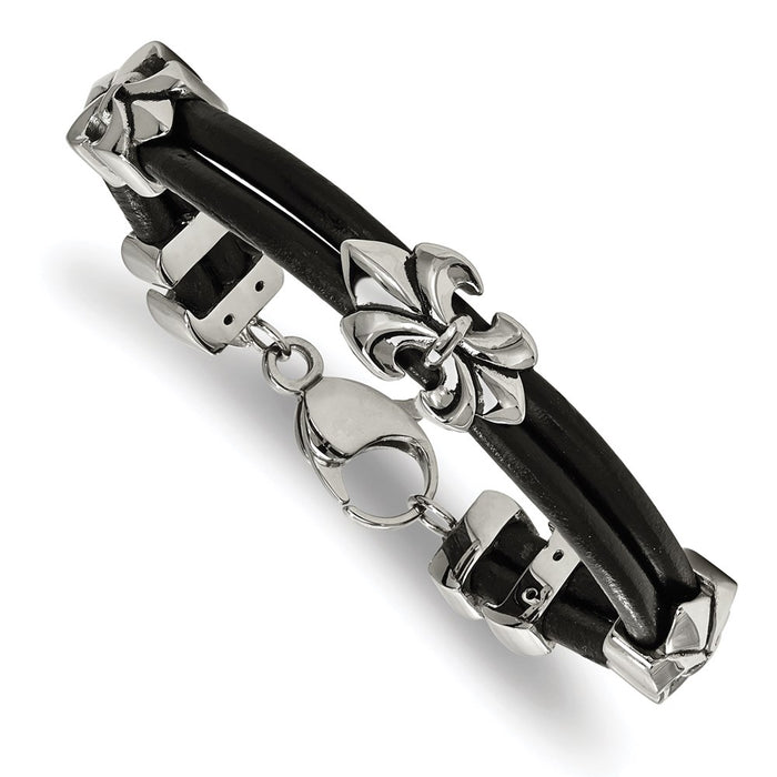 Chisel Brand Jewelry, Stainless Steel Polished Antiqued Fleur De Lis Black Leather Bracelet