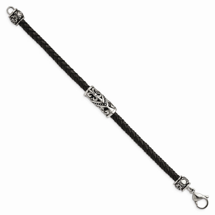 Chisel Brand Jewelry, Stainless Steel Polished Antiqued Fleur De Lis Black Leather Bracelet