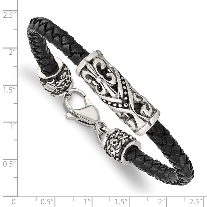 Chisel Brand Jewelry, Stainless Steel Polished Antiqued Fleur De Lis Black Leather Bracelet