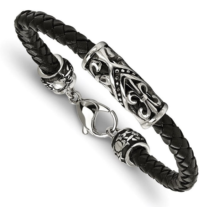 Chisel Brand Jewelry, Stainless Steel Polished Antiqued Fleur De Lis Black Leather Bracelet