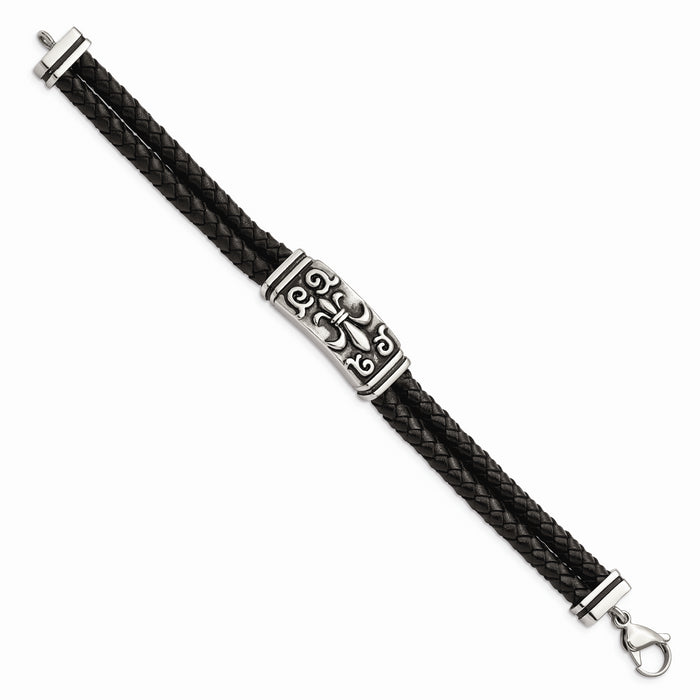 Chisel Brand Jewelry, Stainless Steel Polished Antiqued Fleur De Lis Black Leather Bracelet