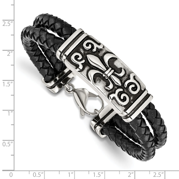 Chisel Brand Jewelry, Stainless Steel Polished Antiqued Fleur De Lis Black Leather Bracelet