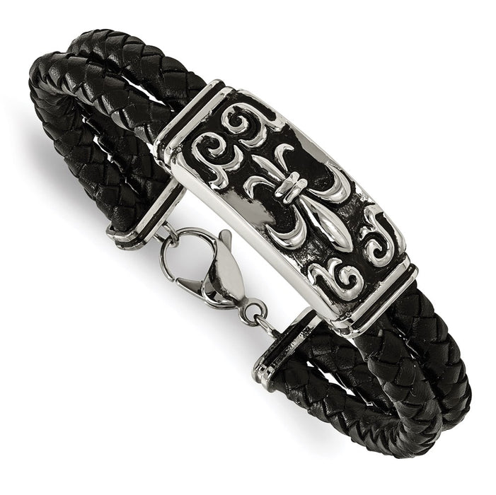 Chisel Brand Jewelry, Stainless Steel Polished Antiqued Fleur De Lis Black Leather Bracelet