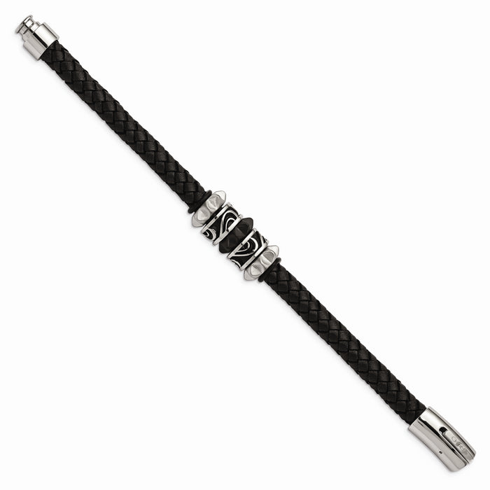 Chisel Brand Jewelry, Stainless Steel Brushed/Polished Antiqued Black IP Black Leather Men's Bracelet