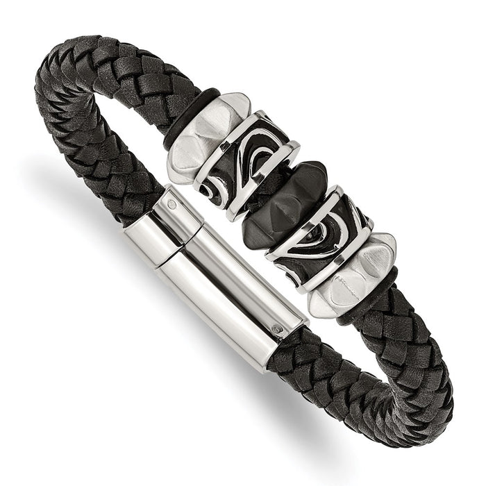 Chisel Brand Jewelry, Stainless Steel Brushed/Polished Antiqued Black IP Black Leather Men's Bracelet