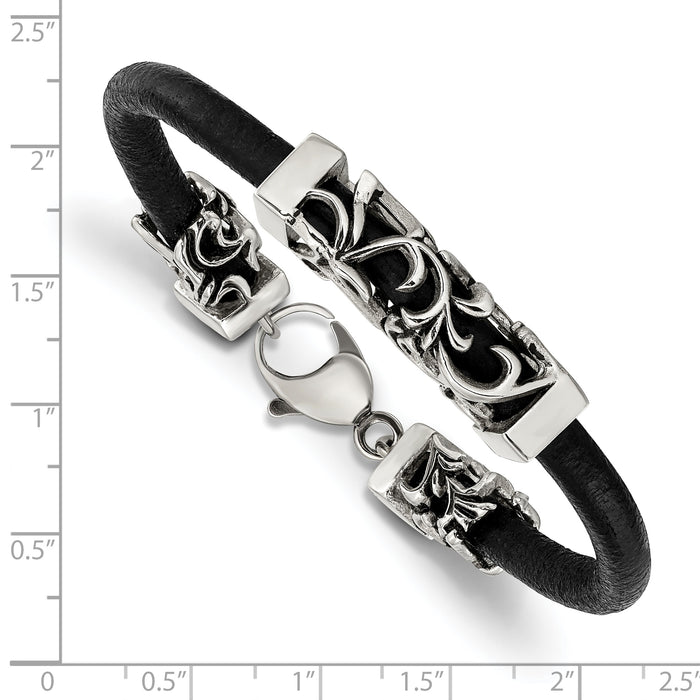 Chisel Brand Jewelry, Stainless Steel Polished Antiqued Filigree Black Leather Cord Bracelet