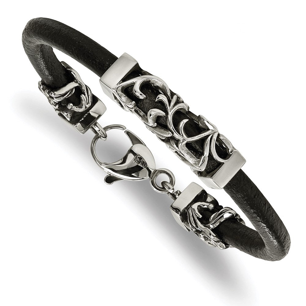 Chisel Brand Jewelry, Stainless Steel Polished Antiqued Filigree Black Leather Cord Bracelet
