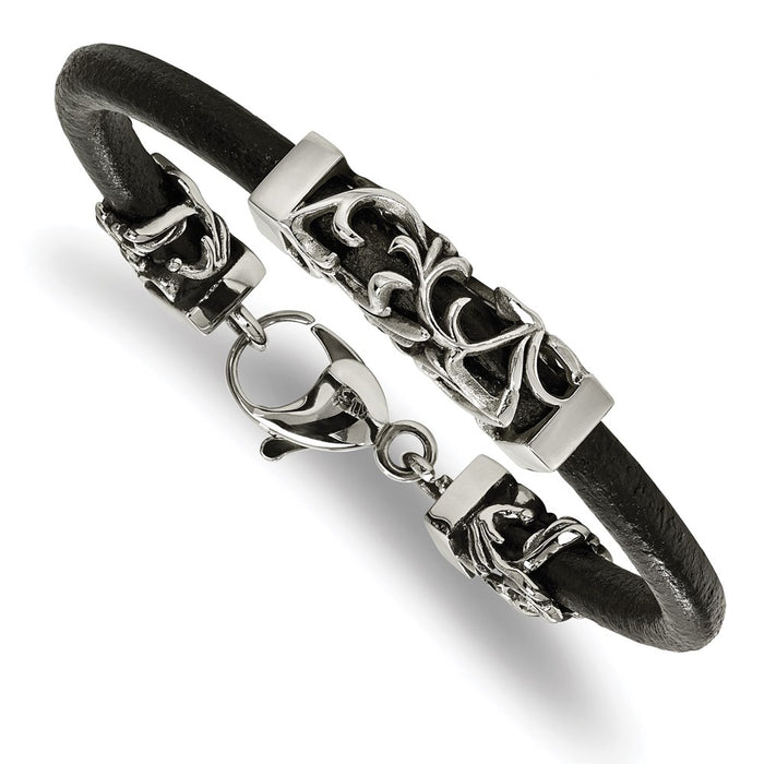 Chisel Brand Jewelry, Stainless Steel Polished Antiqued Filigree Black Leather Cord Bracelet