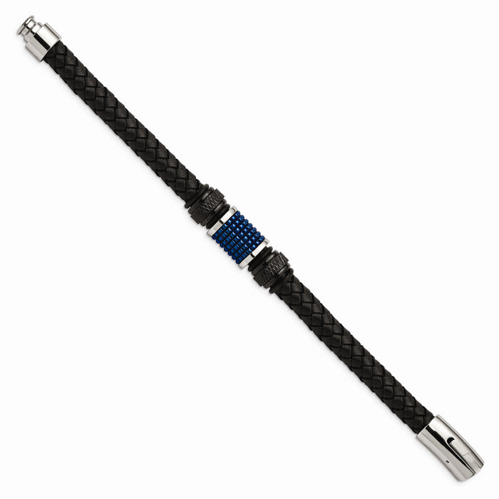 Chisel Brand Jewelry, Stainless Steel Polished Black & Blue IP Black Rubber Black Leather Men's Bracelet