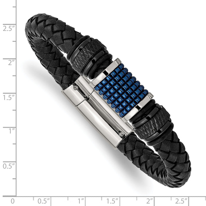 Chisel Brand Jewelry, Stainless Steel Polished Black & Blue IP Black Rubber Black Leather Men's Bracelet