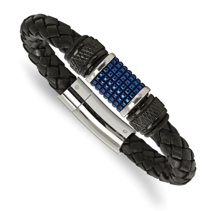 Chisel Brand Jewelry, Stainless Steel Polished Black & Blue IP Black Rubber Black Leather Men's Bracelet