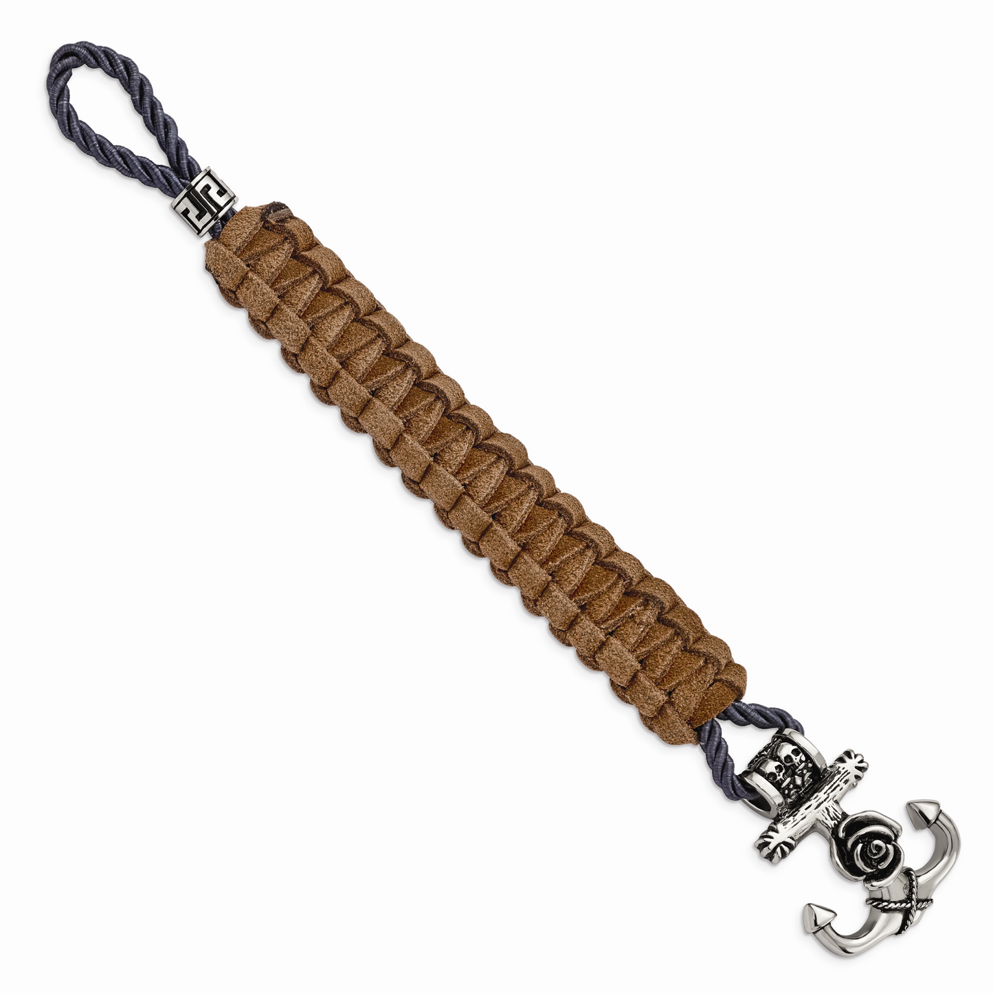 Chisel Brand Jewelry, Stainless Steel Nautical Polished Antiqued Brown Leather Anchor Toggle Men's Bracelet