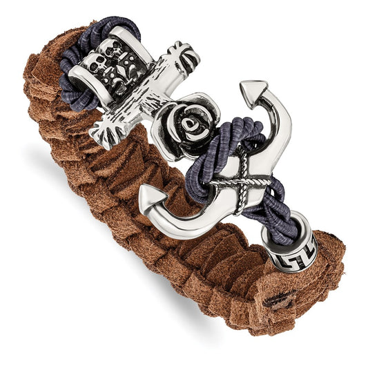 Chisel Brand Jewelry, Stainless Steel Nautical Polished Antiqued Brown Leather Anchor Toggle Men's Bracelet