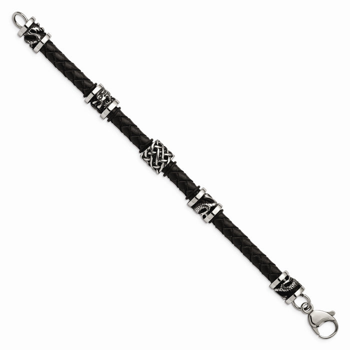 Chisel Brand Jewelry, Stainless Steel Polished Antiqued Dragon Black Braided Leather Men's Bracelet