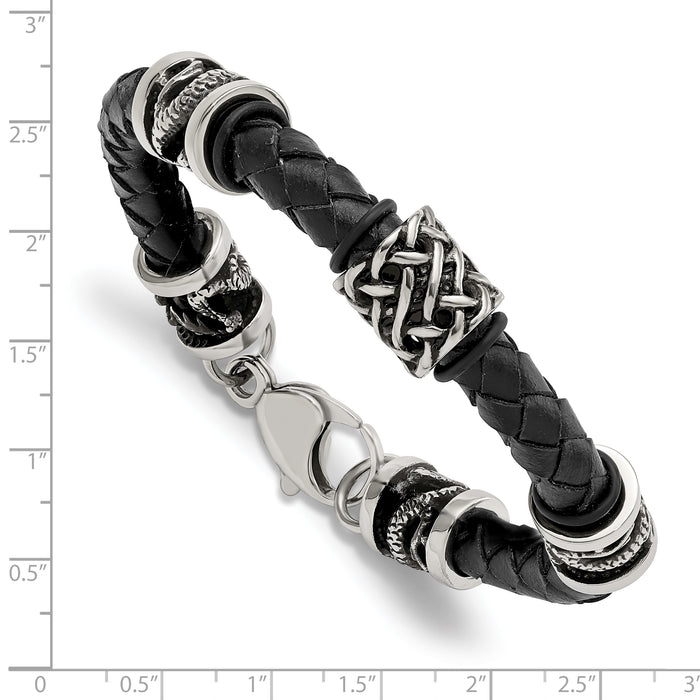 Chisel Brand Jewelry, Stainless Steel Polished Antiqued Dragon Black Braided Leather Men's Bracelet