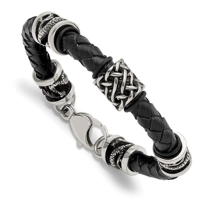 Chisel Brand Jewelry, Stainless Steel Polished Antiqued Dragon Black Braided Leather Men's Bracelet