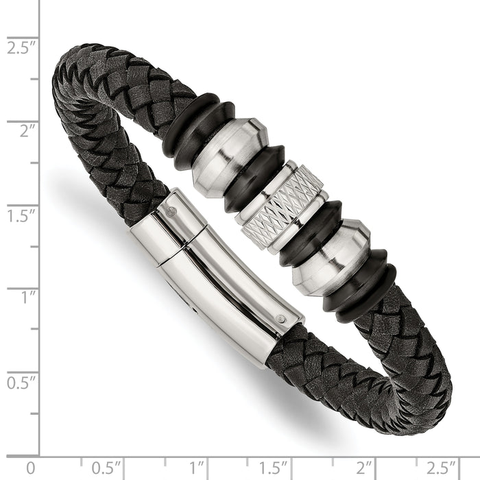 Chisel Brand Jewelry, Stainless Steel Brushed/Polished Black Leather Black IP Black Rubber Men's Bracelet