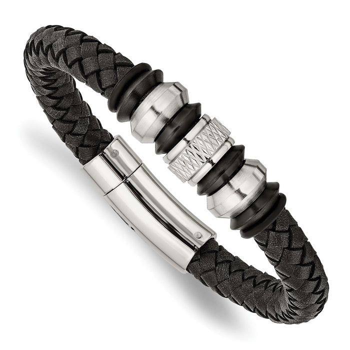 Chisel Brand Jewelry, Stainless Steel Brushed/Polished Black Leather Black IP Black Rubber Men's Bracelet