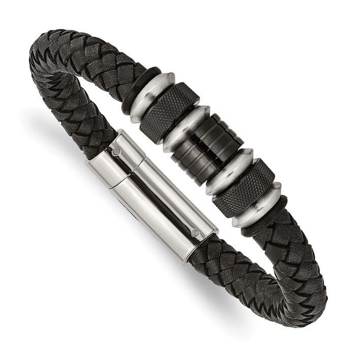 Chisel Brand Jewelry, Stainless Steel Brushed/Polished Black Leather Black IP Black Rubber Men's Bracelet