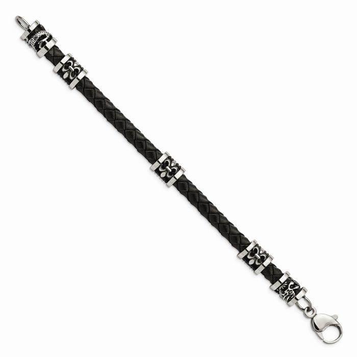 Chisel Brand Jewelry, Stainless Steel Polished Antiqued Fleur De Lis/Dragon Black Leather Bracelet