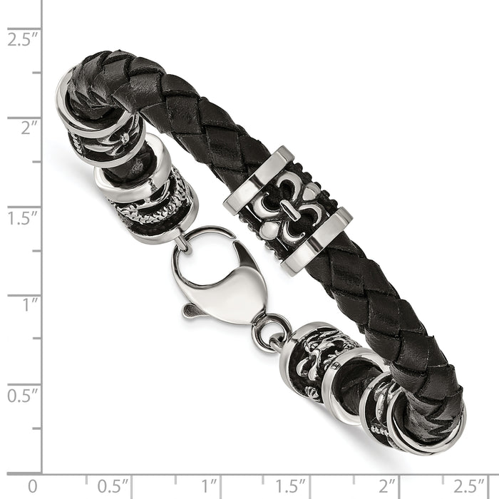 Chisel Brand Jewelry, Stainless Steel Polished Antiqued Fleur De Lis/Dragon Black Leather Bracelet