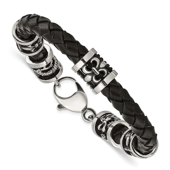 Chisel Brand Jewelry, Stainless Steel Polished Antiqued Fleur De Lis/Dragon Black Leather Bracelet