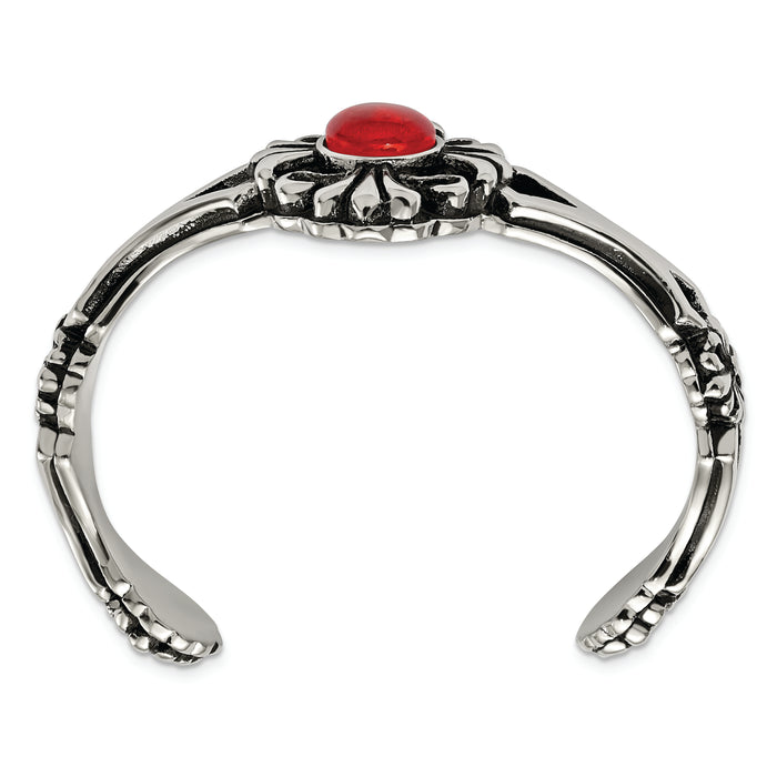 Chisel Brand Jewelry, Stainless Steel Polished/Antiqued Flower Red Glass Cuff Bracelet