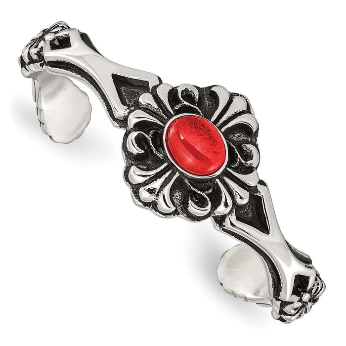 Chisel Brand Jewelry, Stainless Steel Polished/Antiqued Flower Red Glass Cuff Bracelet