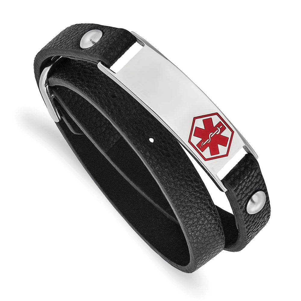 Chisel Brand Jewelry, Stainless Steel Polished Enamel Leather Wrap Medical Adj Bracelet