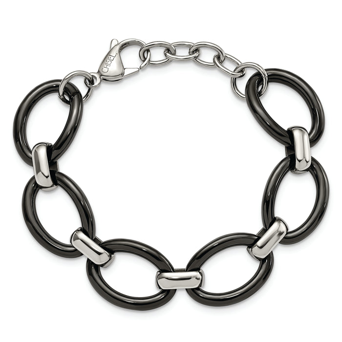 Chisel Brand Jewelry, Stainless Steel Polished with Black Ceramic with 1in ext. Bracelet