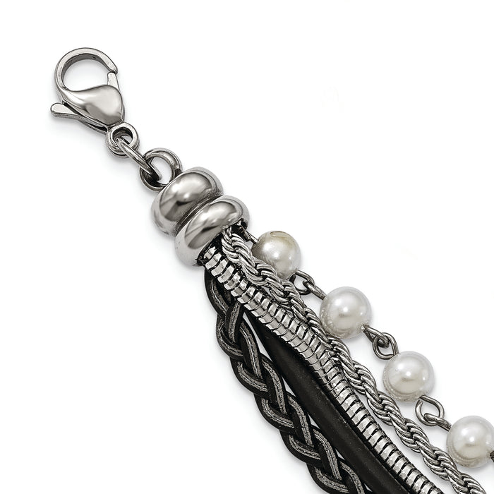 Chisel Brand Jewelry, Stainless Steel Polished Imitat Pearls Faux Leather with 1in ext. Bracelet