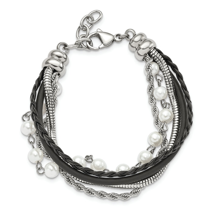 Chisel Brand Jewelry, Stainless Steel Polished Imitat Pearls Faux Leather with 1in ext. Bracelet