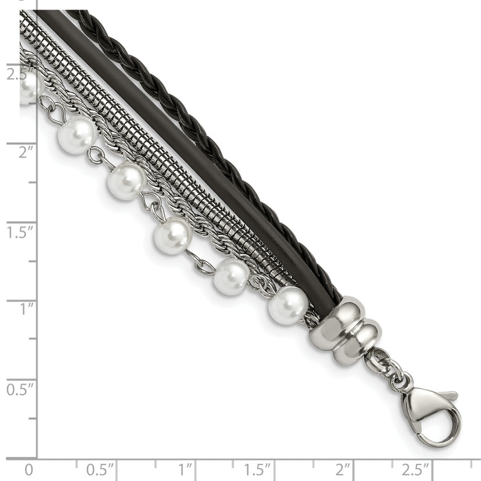 Chisel Brand Jewelry, Stainless Steel Polished Imitat Pearls Faux Leather with 1in ext. Bracelet