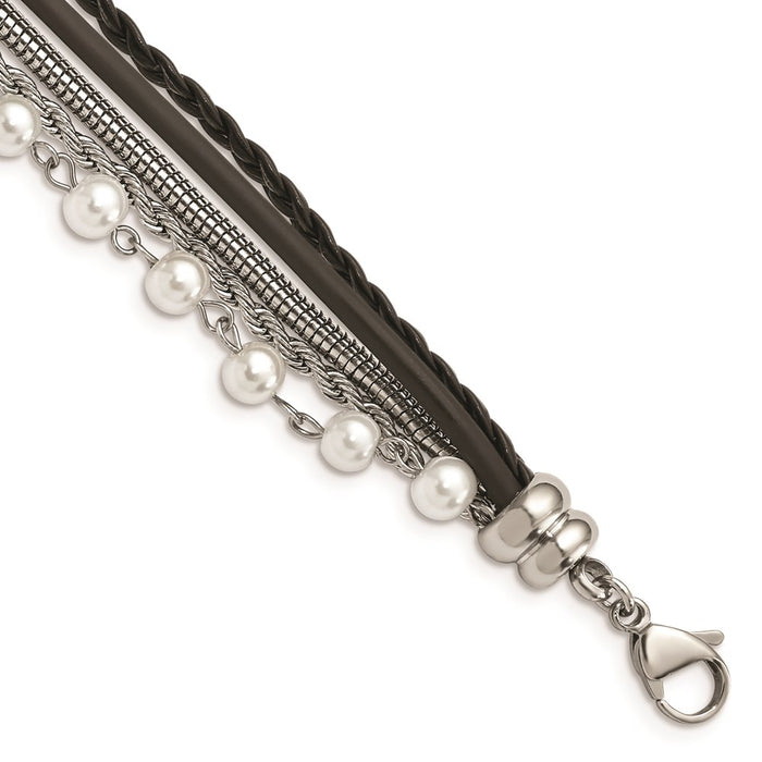 Chisel Brand Jewelry, Stainless Steel Polished Imitat Pearls Faux Leather with 1in ext. Bracelet