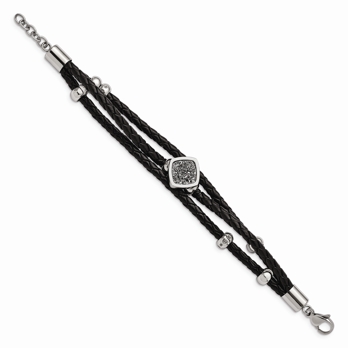 Chisel Brand Jewelry, Stainless Steel Polished with Druzy and Crystal Leather with .75in ext. Bracelet