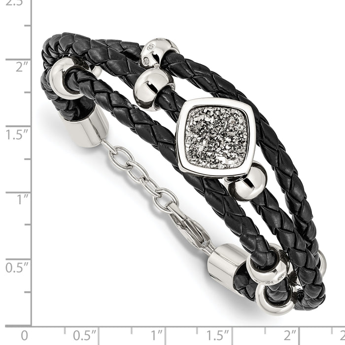 Chisel Brand Jewelry, Stainless Steel Polished with Druzy and Crystal Leather with .75in ext. Bracelet