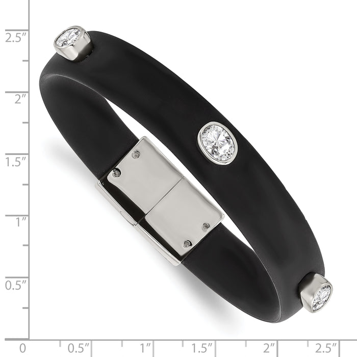 Chisel Brand Jewelry, Stainless Steel Polished CZ Silicone Band Bracelet