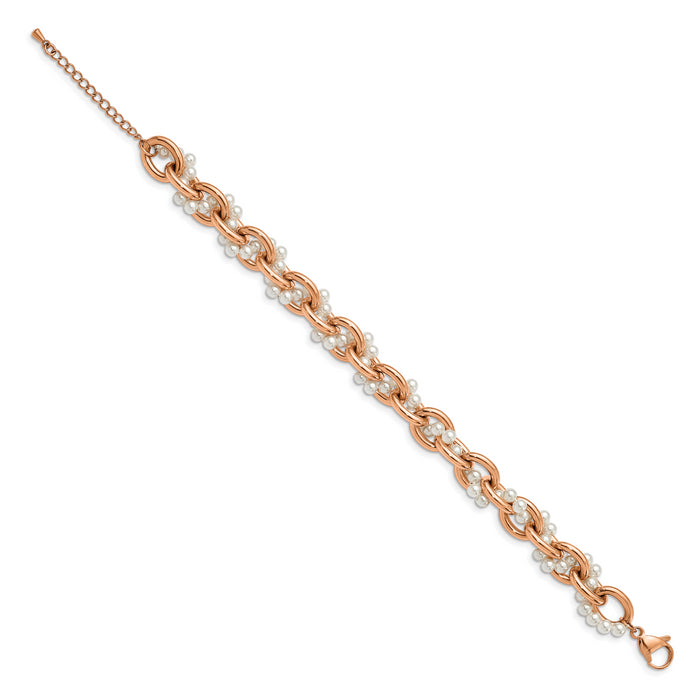 Chisel Brand Jewelry, Stainless Steel Polished Rose IP-Plated & Faux Pearl with 1.5in ext. Bracelet