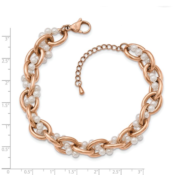 Chisel Brand Jewelry, Stainless Steel Polished Rose IP-Plated & Faux Pearl with 1.5in ext. Bracelet