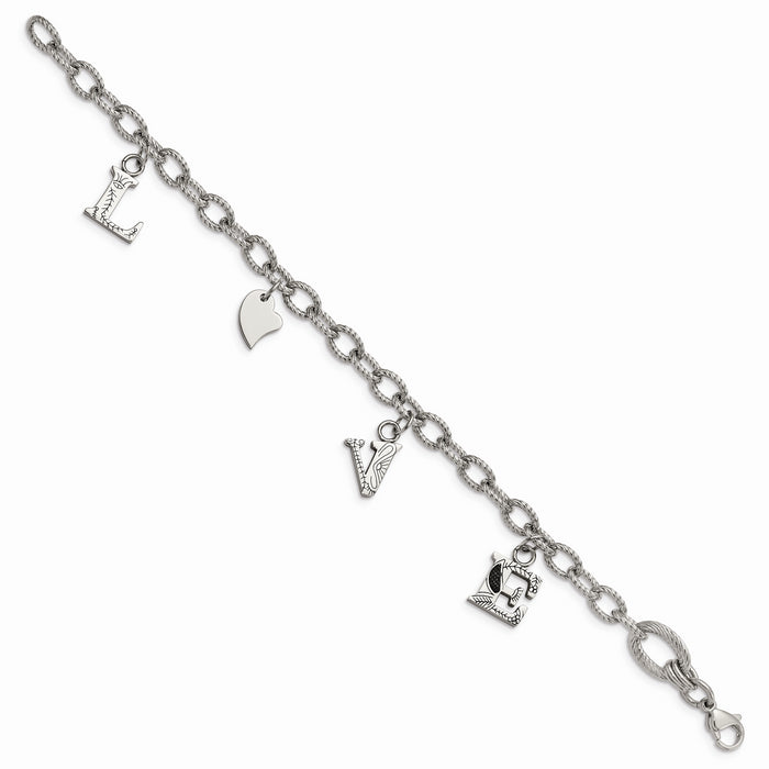 Chisel Brand Jewelry, Stainless Steel Polished and Textured LOVE Charm Bracelet