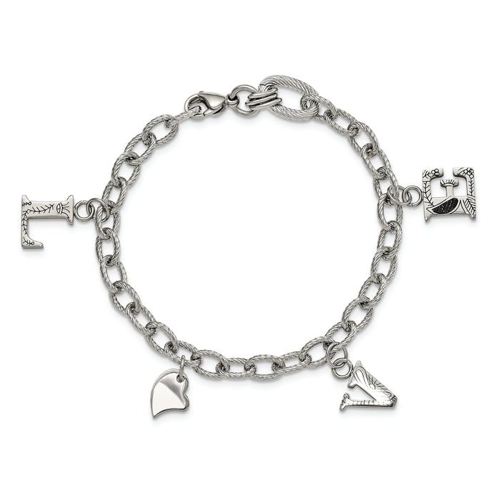 Chisel Brand Jewelry, Stainless Steel Polished and Textured LOVE Charm Bracelet