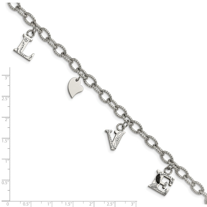 Chisel Brand Jewelry, Stainless Steel Polished and Textured LOVE Charm Bracelet