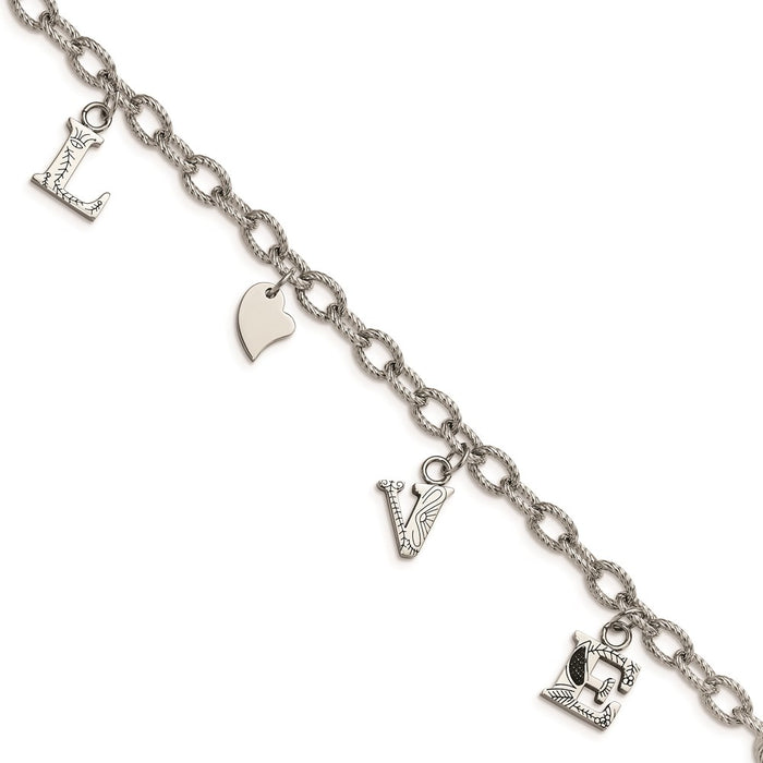 Chisel Brand Jewelry, Stainless Steel Polished and Textured LOVE Charm Bracelet