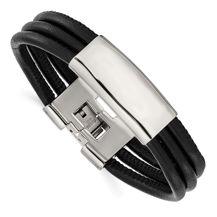 Chisel Brand Jewelry, Stainless Steel Polished Black Leather ID Bracelet