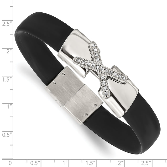 Chisel Brand Jewelry, Stainless Steel Polished CZ Silicone Band Bracelet