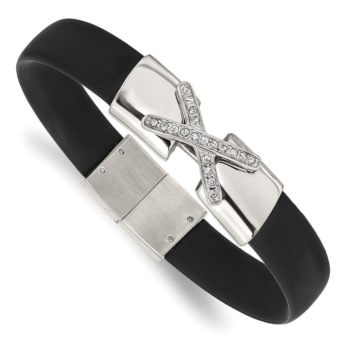 Chisel Brand Jewelry, Stainless Steel Polished CZ Silicone Band Bracelet