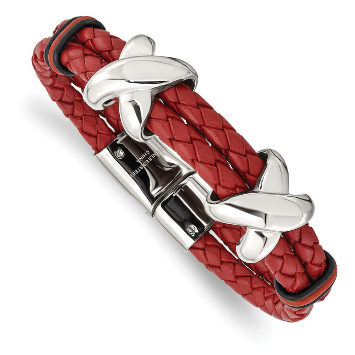 Chisel Brand Jewelry, Stainless Steel Polished Red Leather and Rubber Bracelet