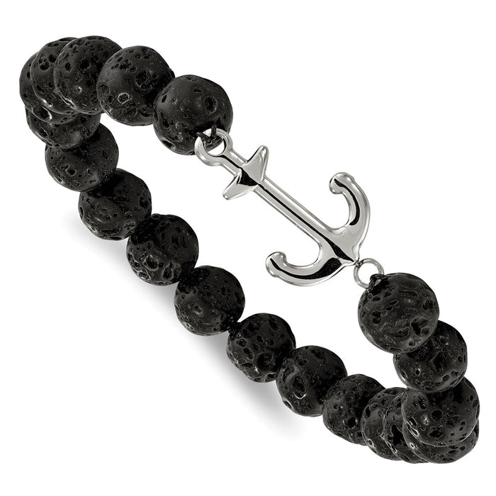 Chisel Brand Jewelry, Stainless Steel Nautical Polished with Black Lava Stone Anchor Stretch Bracelet