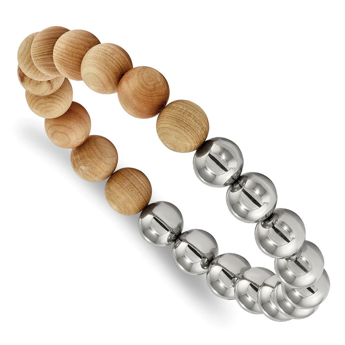 Chisel Brand Jewelry, Stainless Steel Polished with Cypress Wood Beads Stretch Bracelet