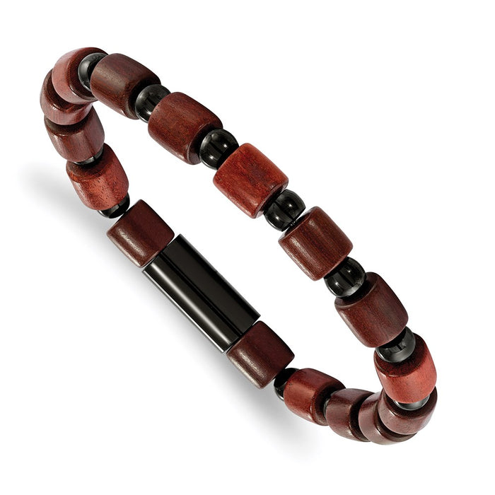 Chisel Brand Jewelry, Stainless Steel Polished Black IP-plated with Wooden Beads Stretch Bracelet